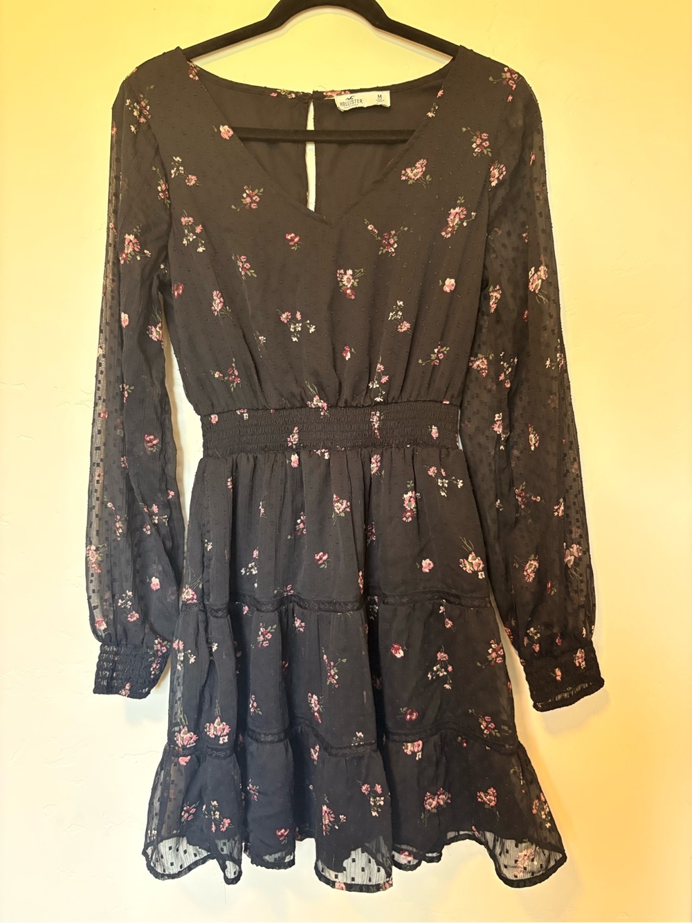 Hollister Black Long-Sleeve Floral Tiered Dress